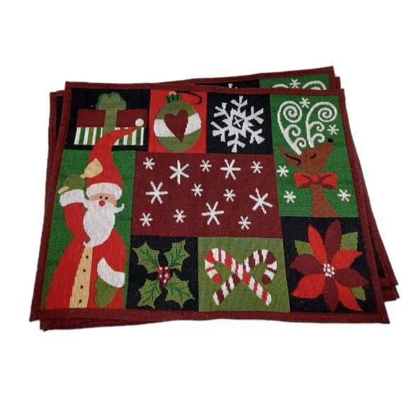 Tapestry Christmas Placemats Multi-colored Santa Reindeer Set Of 6 READ - Picture 2 of 6